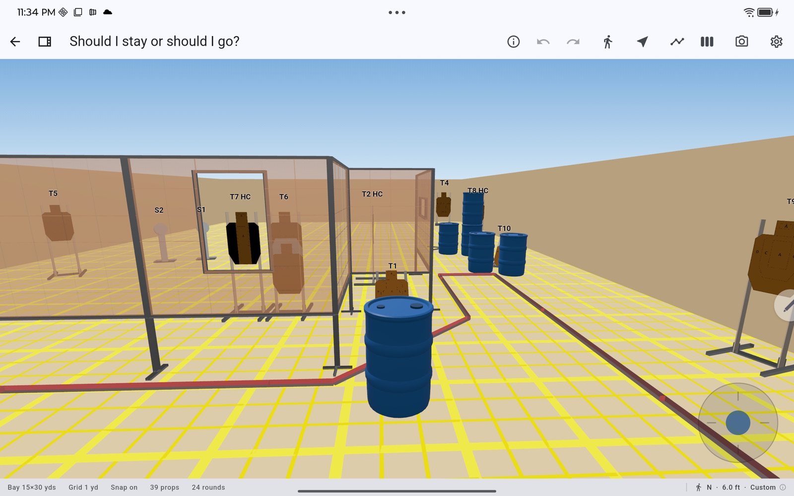 BayDraft in walk mode: an eye-level view inside a shooting bay, looking through a wall opening at numbered paper targets and steel, with fault lines and a measured grid on the ground.